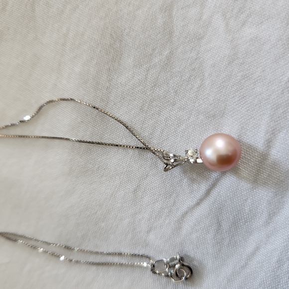 Sterling Silver 925 CP Necklace with pink culture pearl and crystal drop. NWOT - Picture 4 of 6